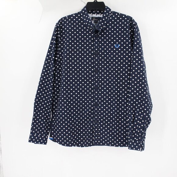 Fred Perry Shirt Mens Large Button Down Cotton Polka Dot Long Sleeve blue logo - Picture 1 of 11